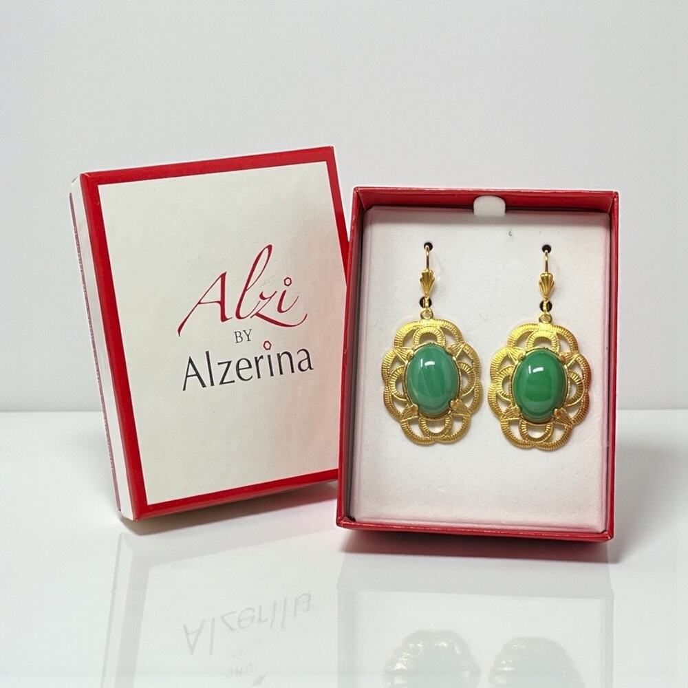 Alzi by Alzerina Magnolia Earrings. Jade Green, 24kt Gold-Plated, Handmade in NY
